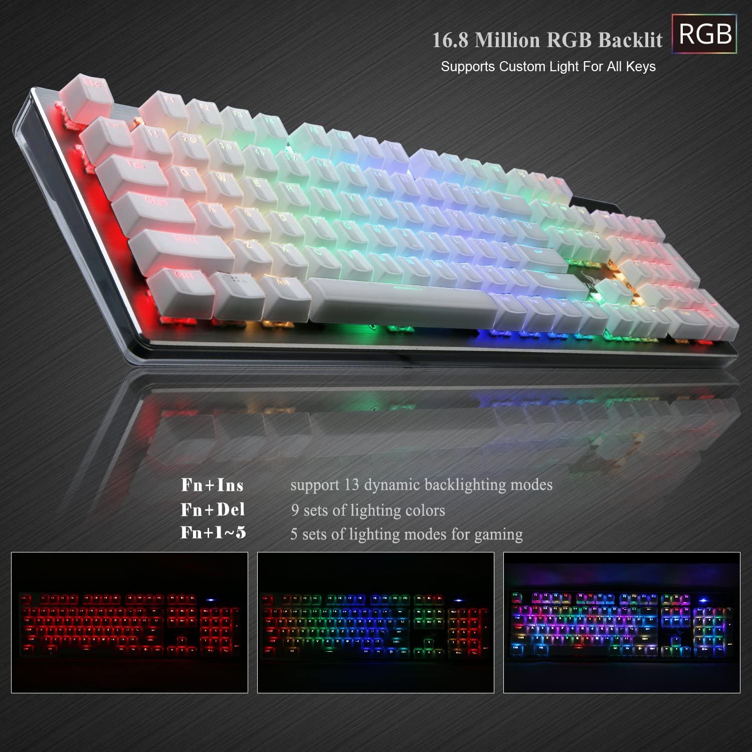 RNAB074W1QSV2 rottay rainbow backlit mechanical keyboard, white gaming  keyboard, wired computer keyboard with brown switch and aluminum pan